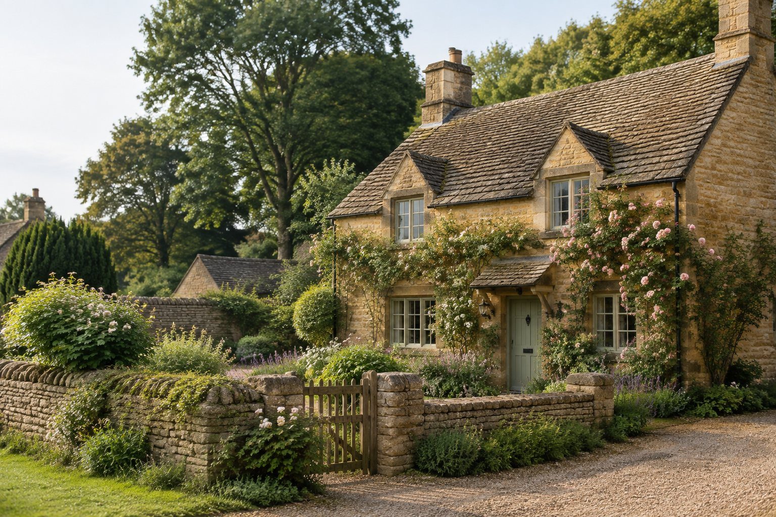 A stone cottage with a garden in the English countryside