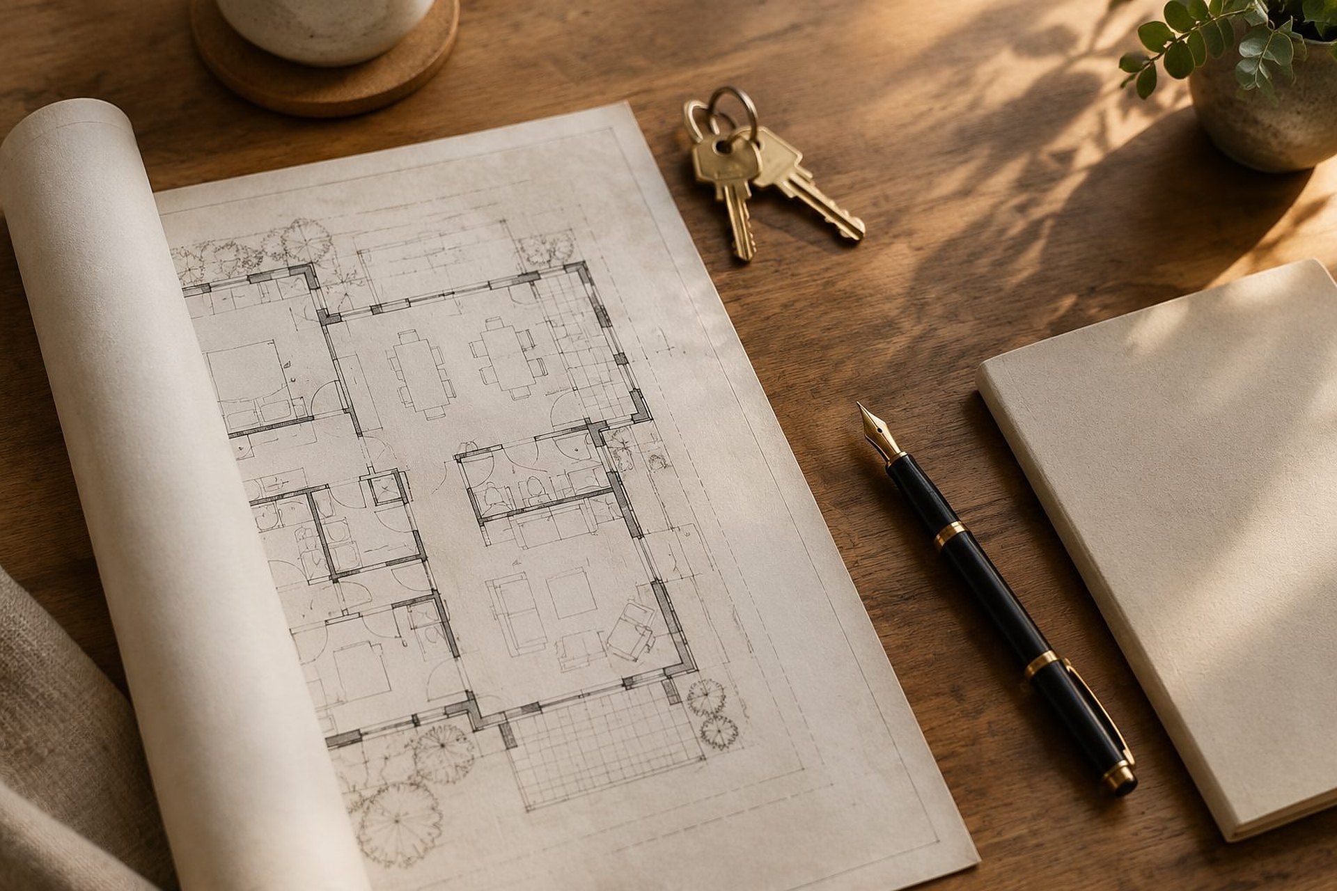 A floor plan, house keys and a pen on a wooden desk