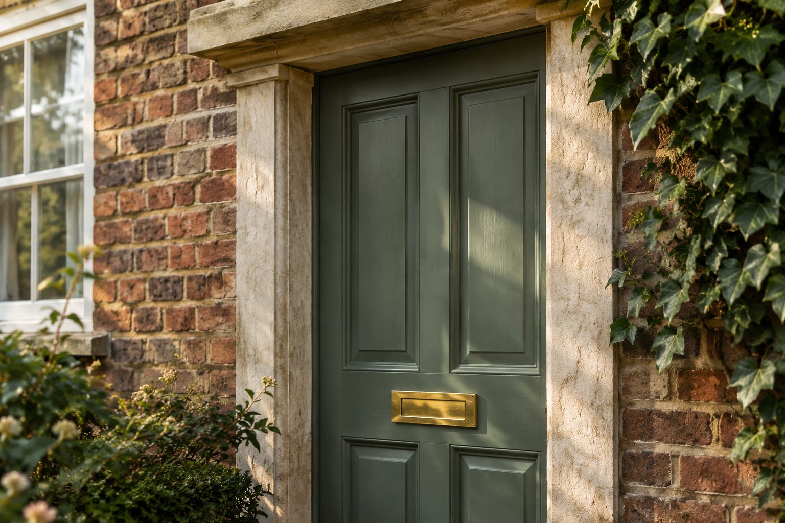 A painted front door and brick facade in England