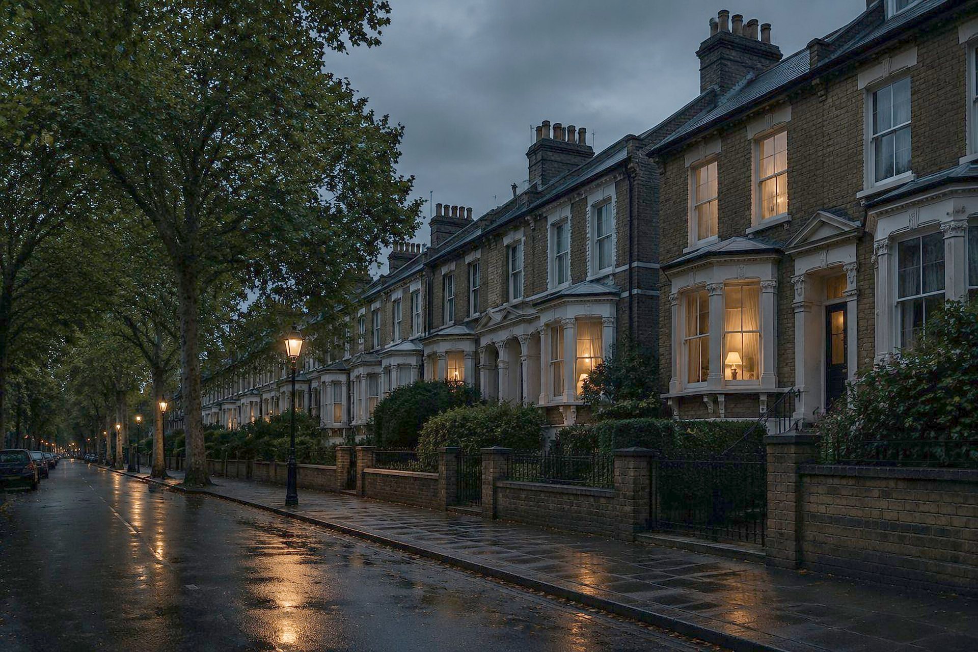 A terrace of brick townhouses on a residential street in England
