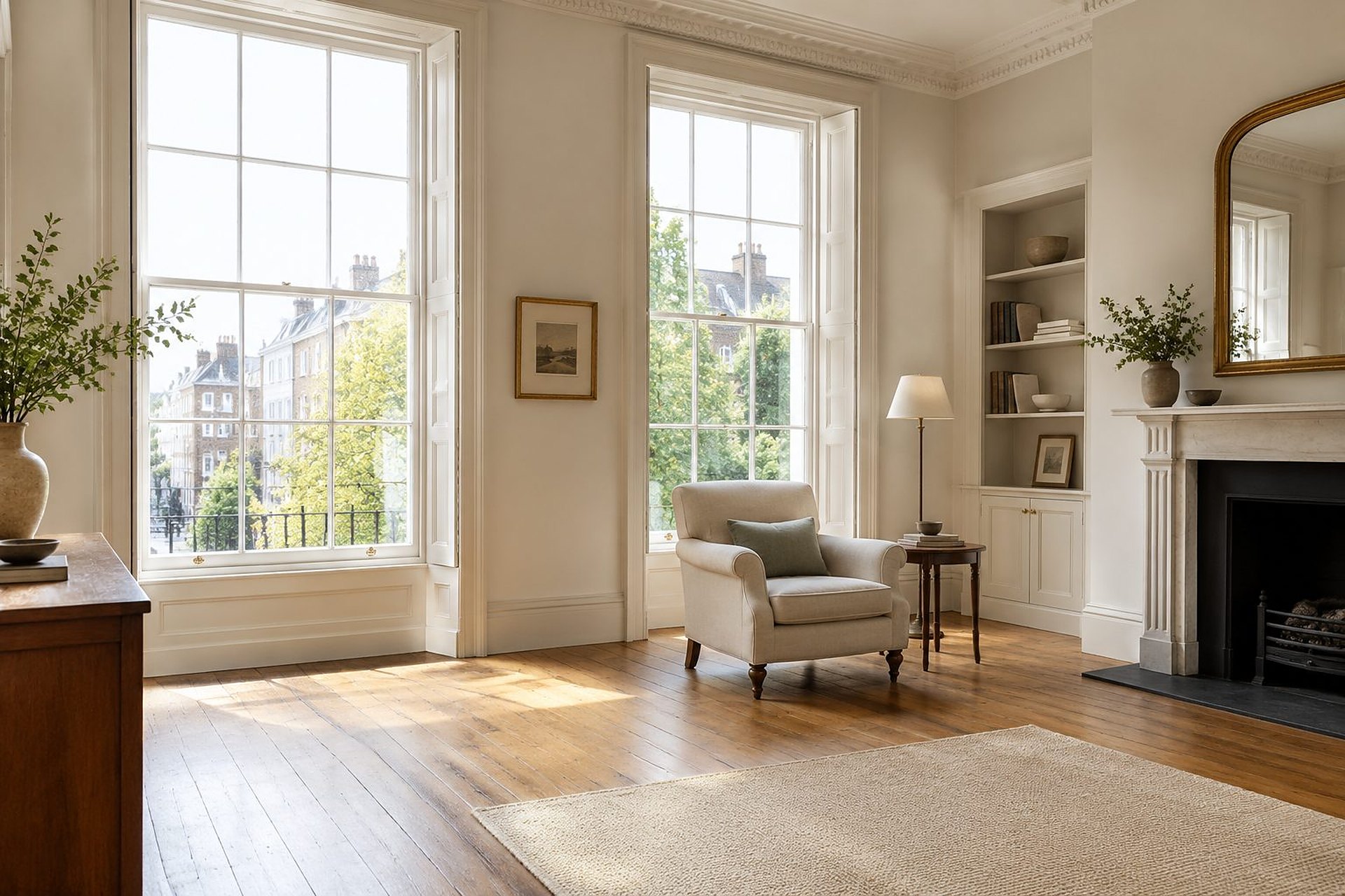 A bright living room in an English townhouse