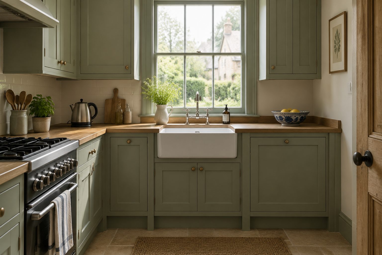 A small English kitchen with painted cabinets