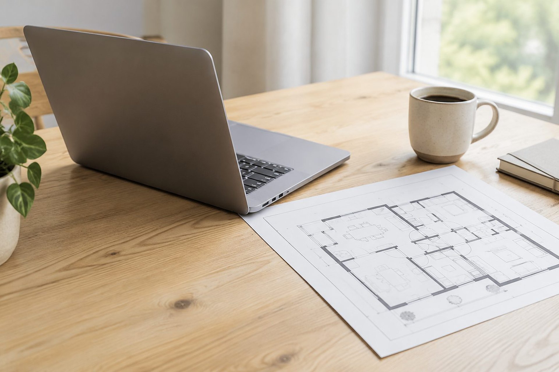 A laptop and a floor plan on a table by a window